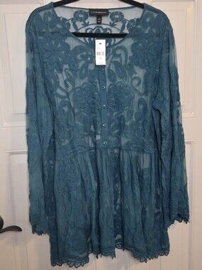 NWT Lane Bryant - Sheer Teal EmbroideredLace Button-Front Tunic